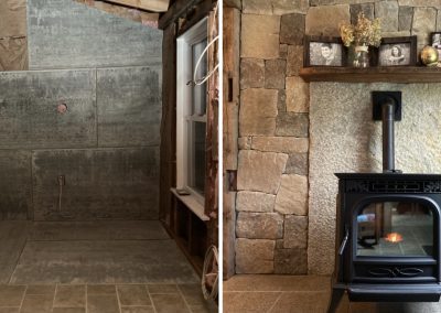 Stone Veneer Wall for Pellet Stove Before and After