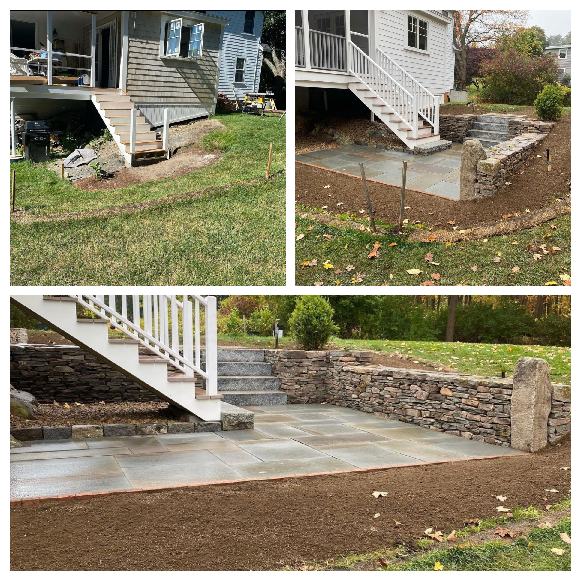 before and after - bluestone patio with granite steps and pennsylvania flat field stone wall