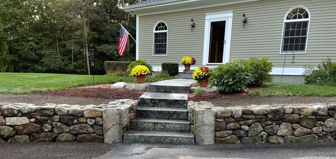 New England Fieldstone Wall with Reclaimed Granite Steps